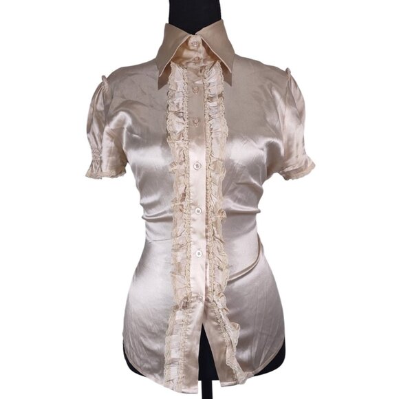 VTG Bebe Top Women S Silk Ruffle Lace Blouse Coquette Office Siren Romantic Y2K - Picture 1 of 7